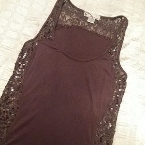 Sequined, lace accented tank,